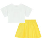 Girls White & Yellow Teddy Logo Skirt Set, 2, hi-res