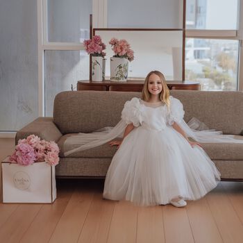 Girls Pink Organza Floral & Tulle Cape Dress