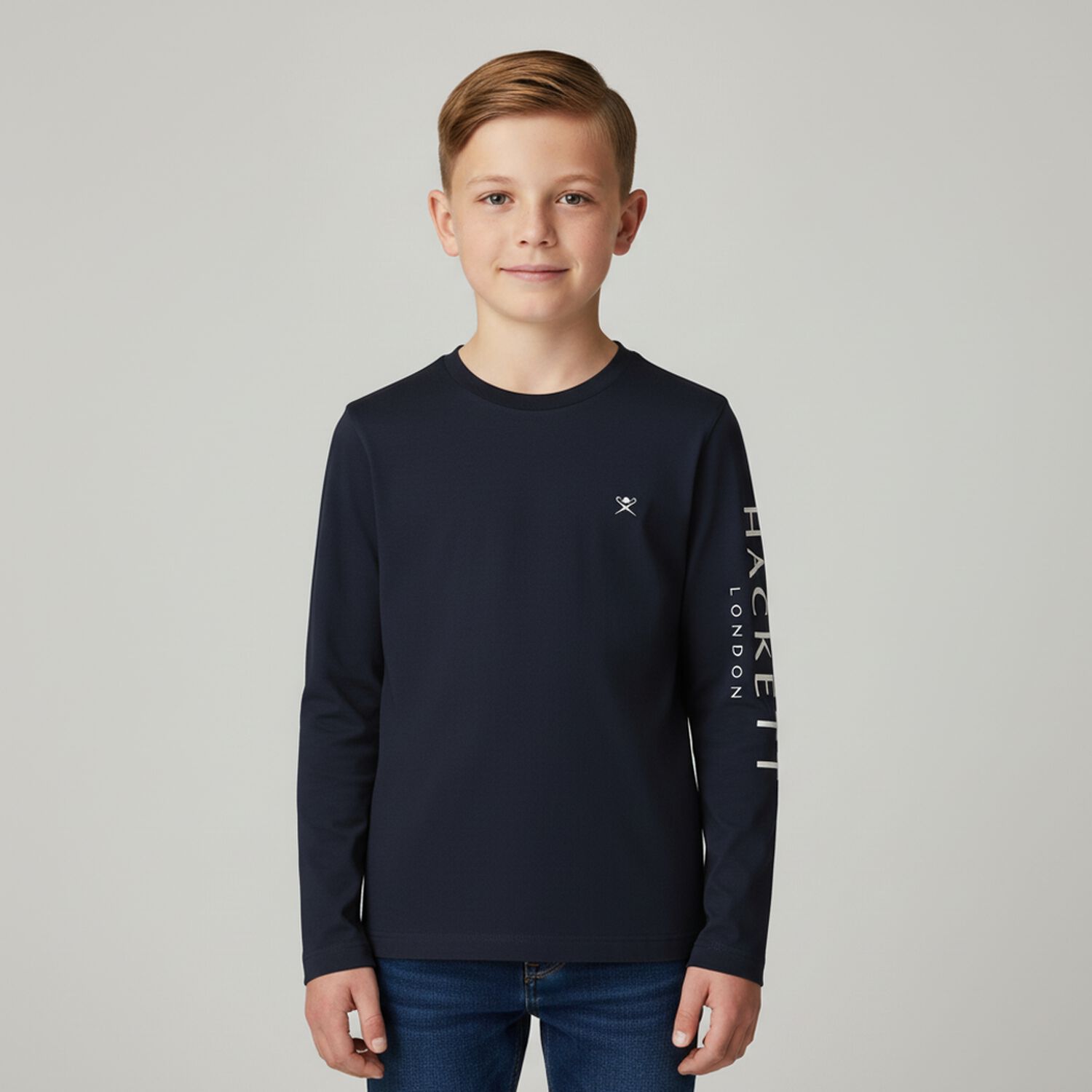 Boys Navy Blue Logo Long Sleeve Top, 1, hi-res