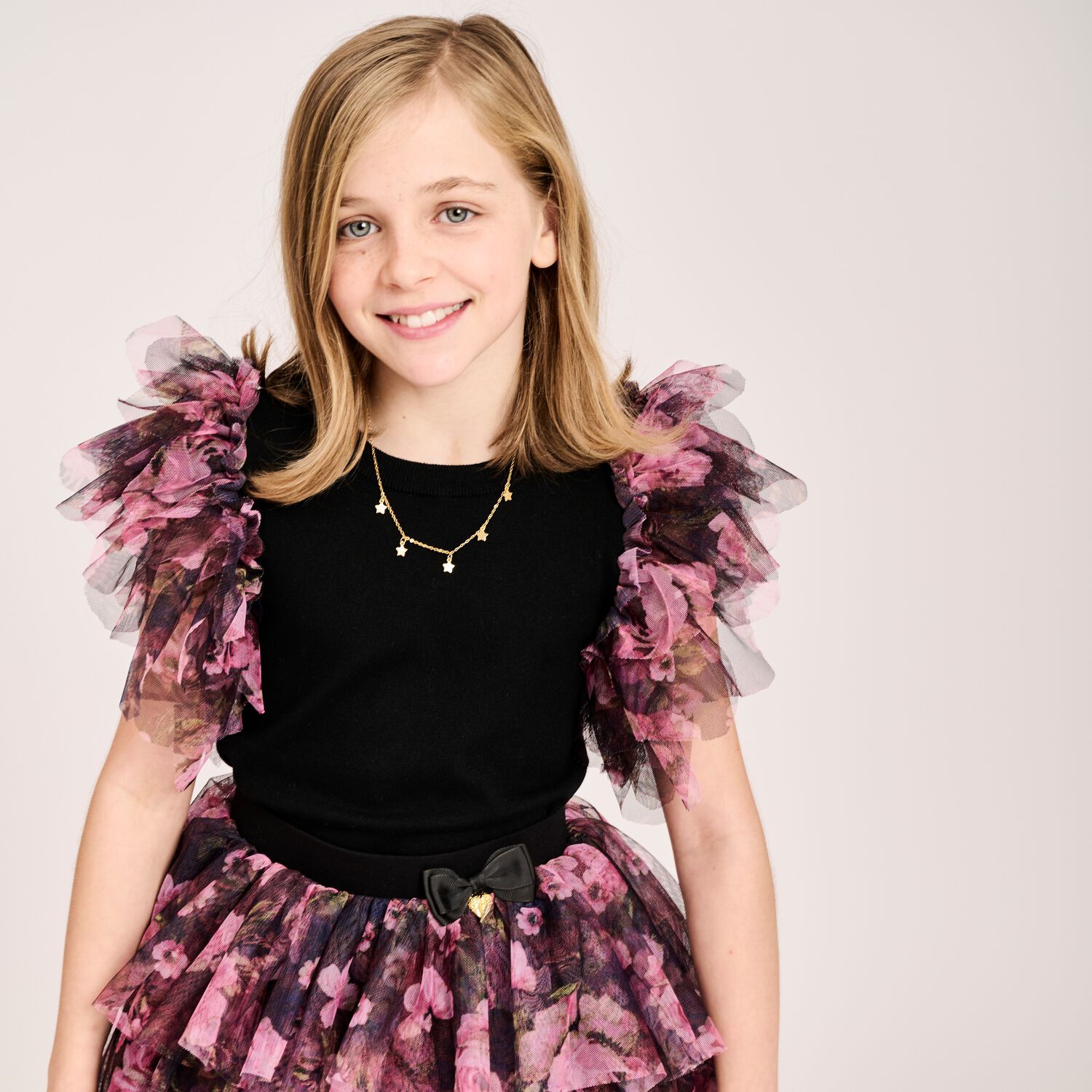 Girls Black Tulle Knitted Top, 2, hi-res