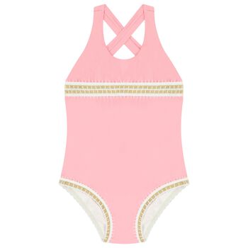 Girls Pink Embroidered Swimsuit