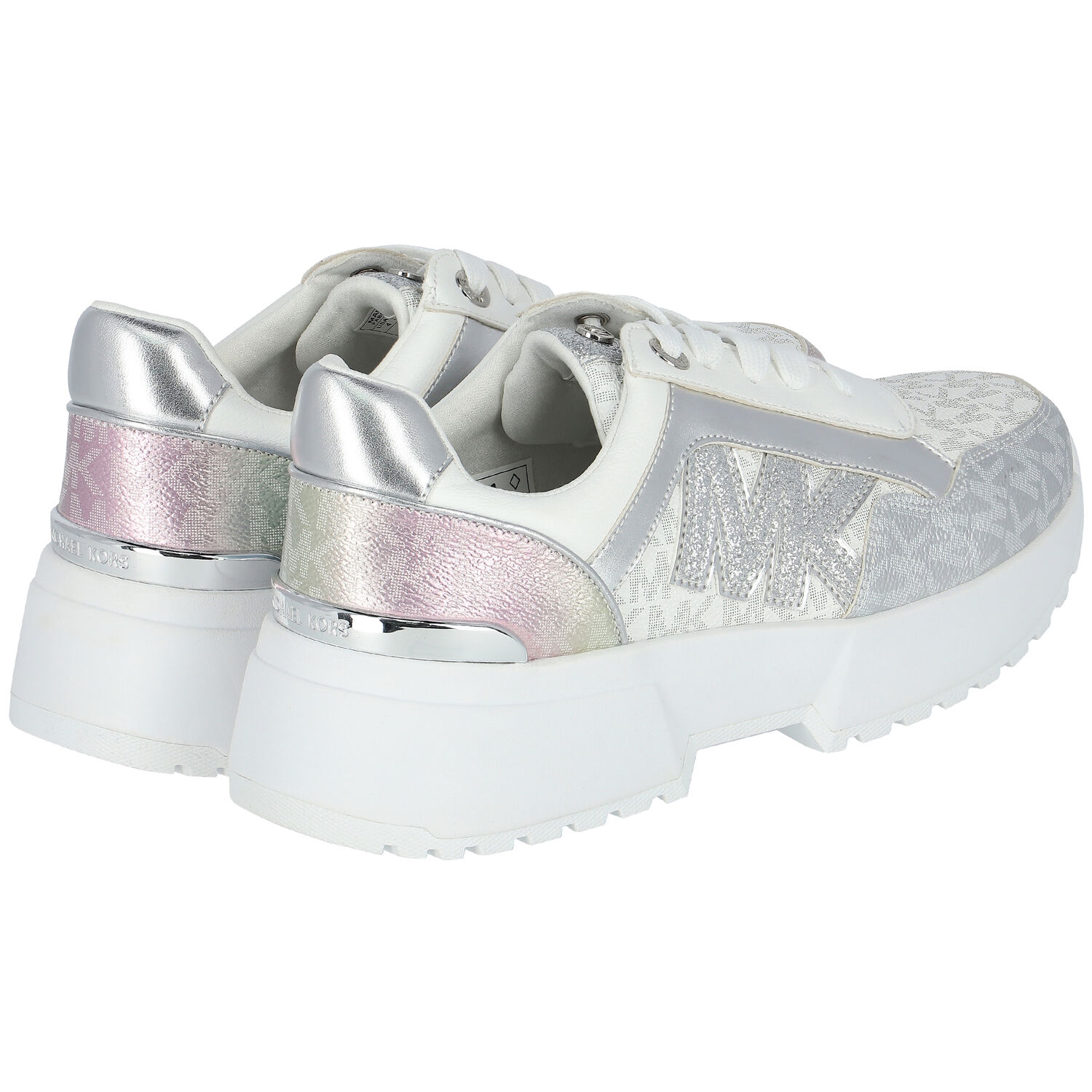 Girls White & Silver Logo Trainers, 1, hi-res