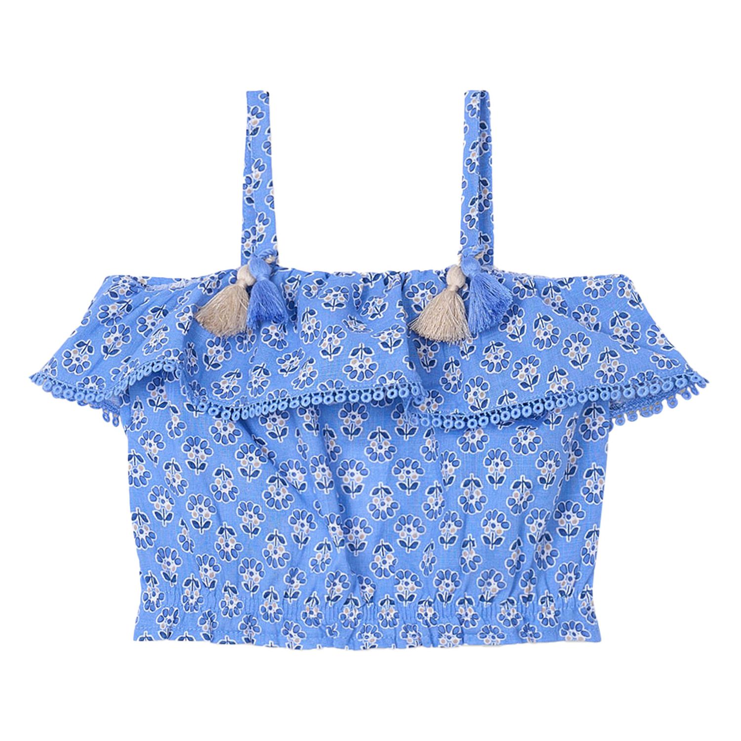 بلوزة بنات مطبوعة بالزهور مكشكشة باللون الأزرق, 2, hi-res image number null