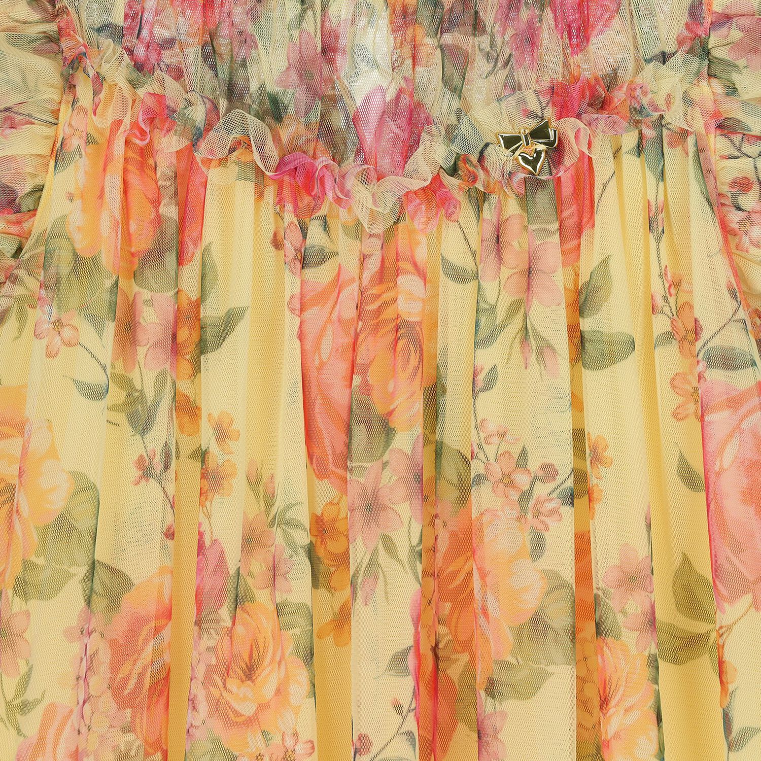 Girls Yellow & Pink Floral Tulle Dress, 2, hi-res