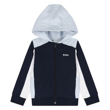 Younger Boys Navy Blue, White & Blue Hooded Zip Up Top