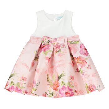 Younger Girls White & Pink Floral Satin Dress