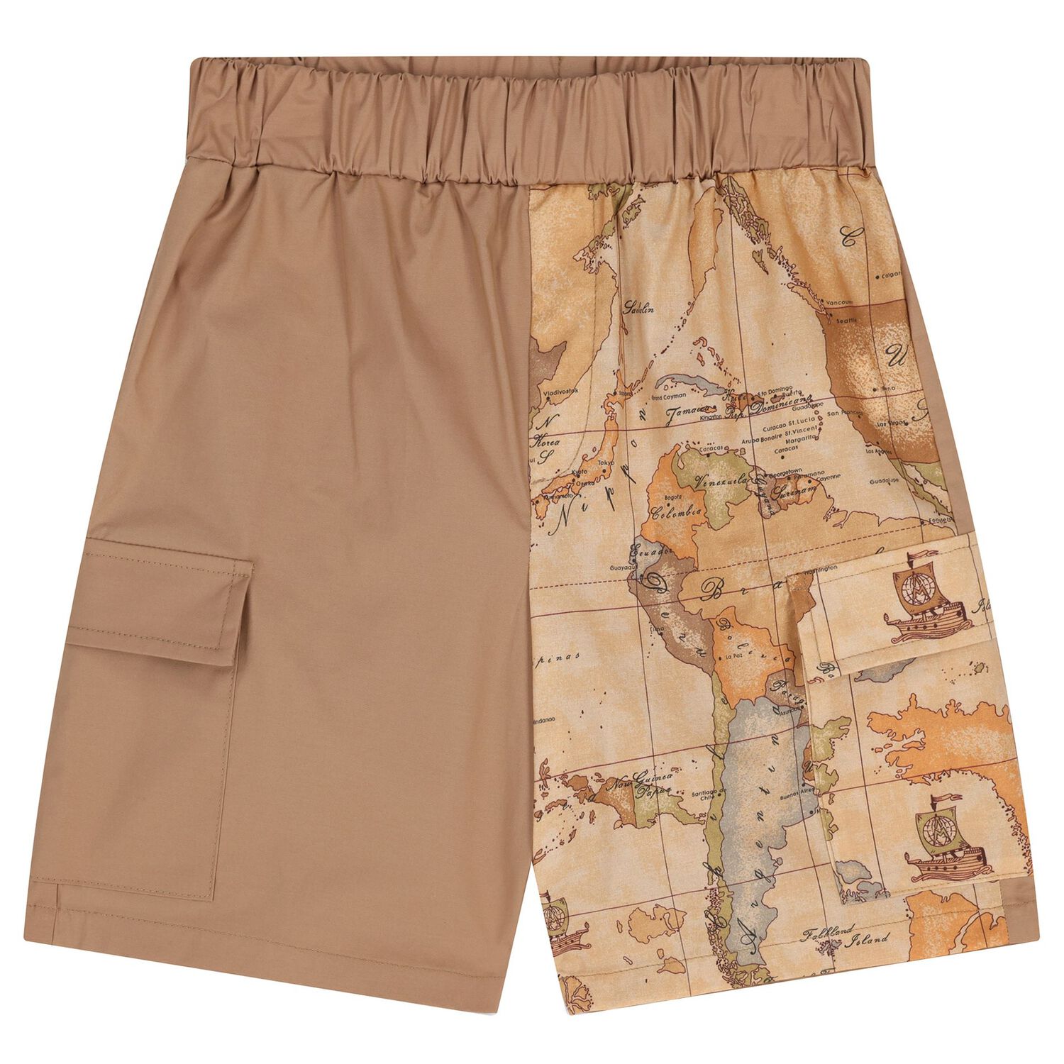Boys Beige Geo Map Logo Shorts Set, 1, hi-res