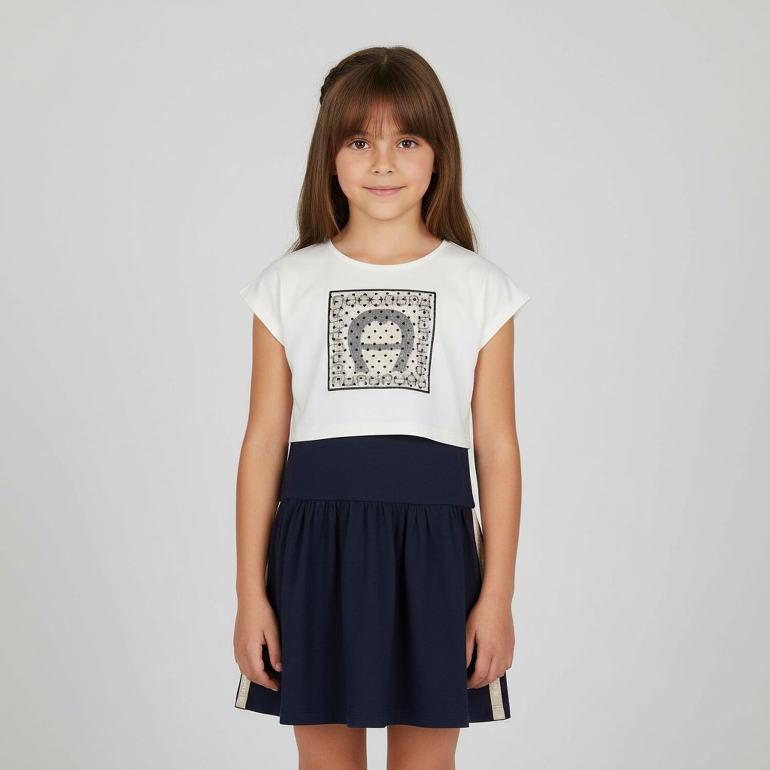 طقم فستان بالشعار باللون العاجى والكحلى, 1, hi-res