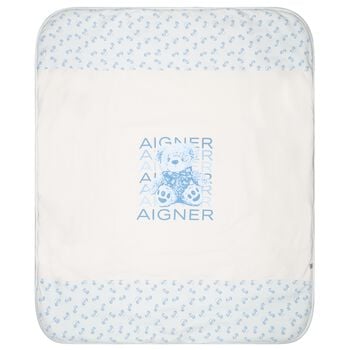 Baby Boys White & Blue Teddy Bear Logo Blanket 