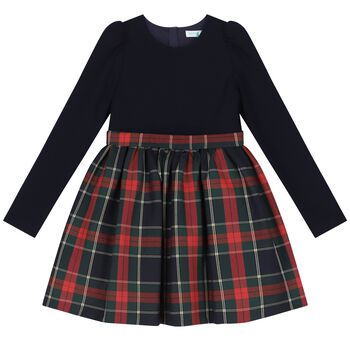 Girls Navy Blue & Red Tartan Dress
