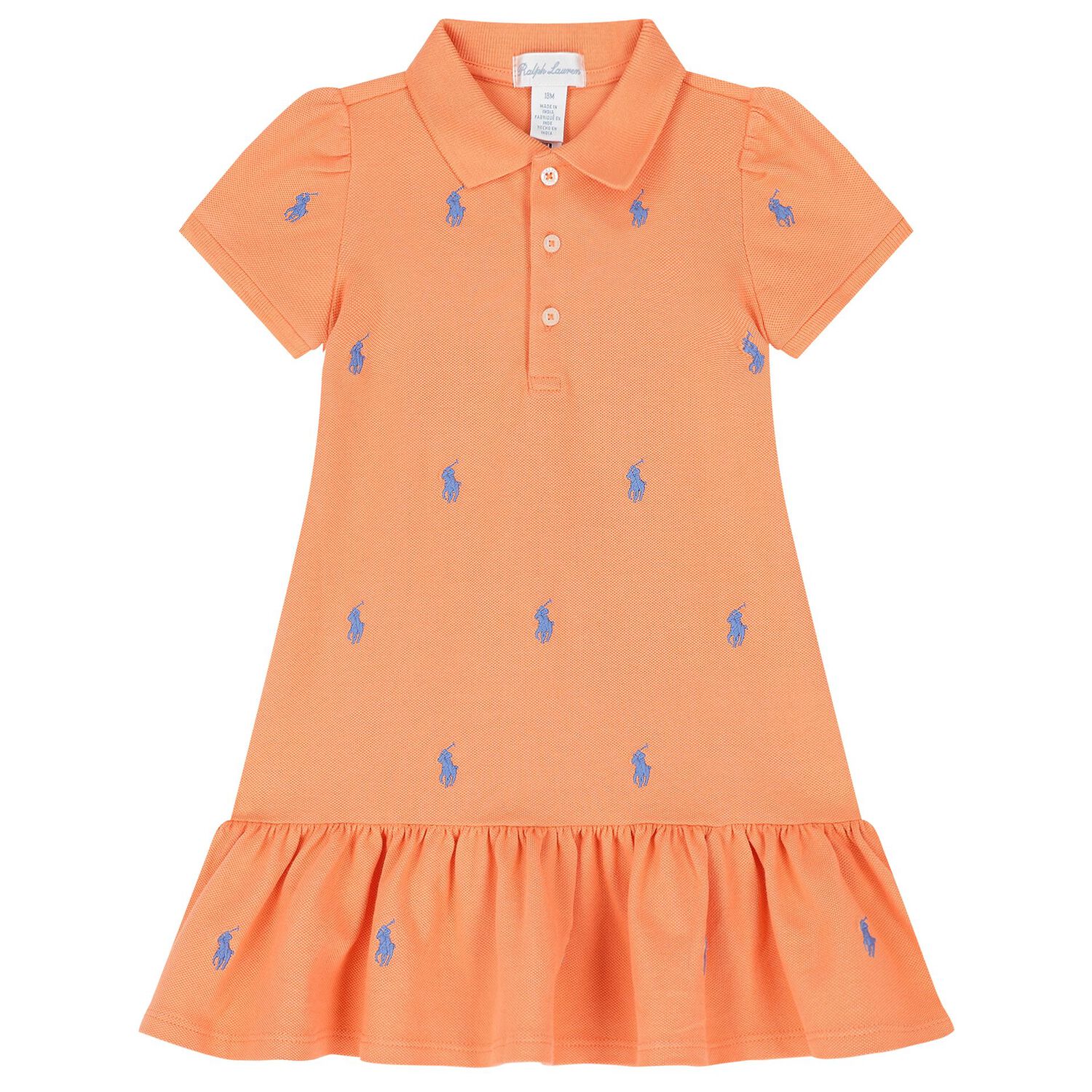 Baby Girls Orange Cotton Polo Dress, 1, hi-res