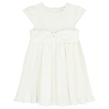 Girls White Bow Pleated Dress