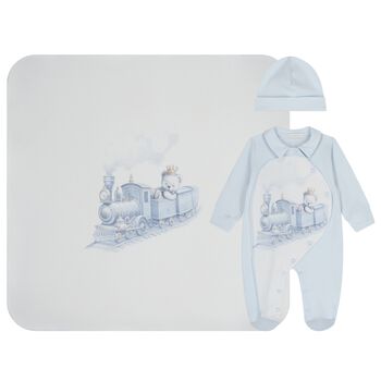 Baby Boys Blue & White Teddy Bear Babygrow Gift Set