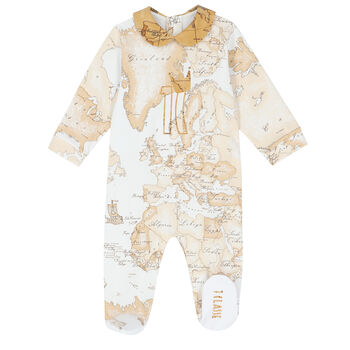Baby Boys White & Beige Geo Map Babygrow