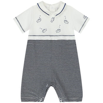 Baby Boys White & Navy Blue Striped Romper