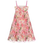 Girls Pink Floral Embroidered Tiered Dress, 1, hi-res