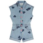Girls Blue Heart Denim Playsuit, 1, hi-res