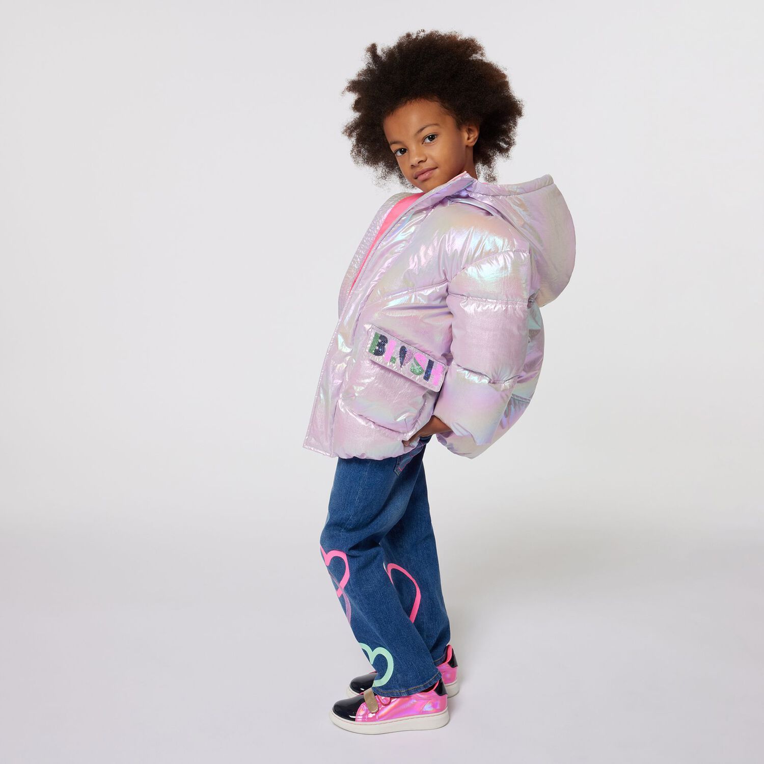Girls Pink Logo Iridescent Puffer Jacket, 1, hi-res image number null