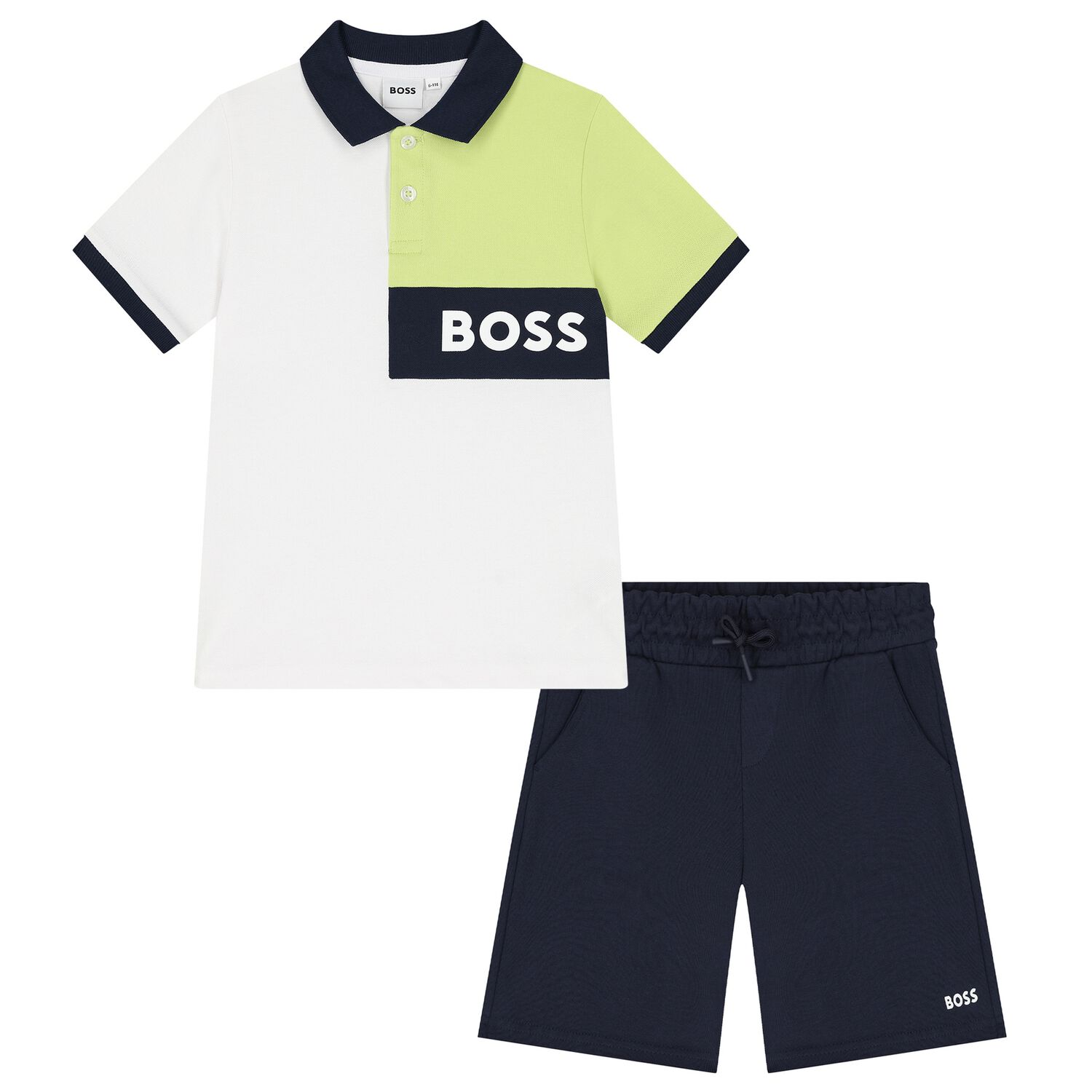 Boys White  & Navy Blue Logo Shorts Set, 2, hi-res