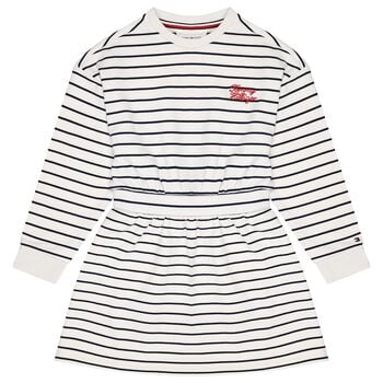 Girls Ivory & Navy Blue Striped Logo Dress