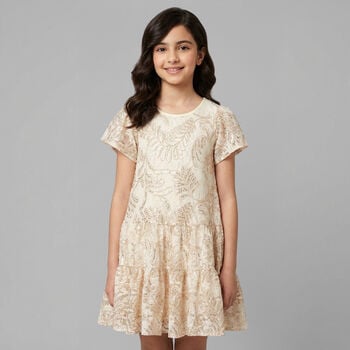 Girls Beige & Gold Lace Dress