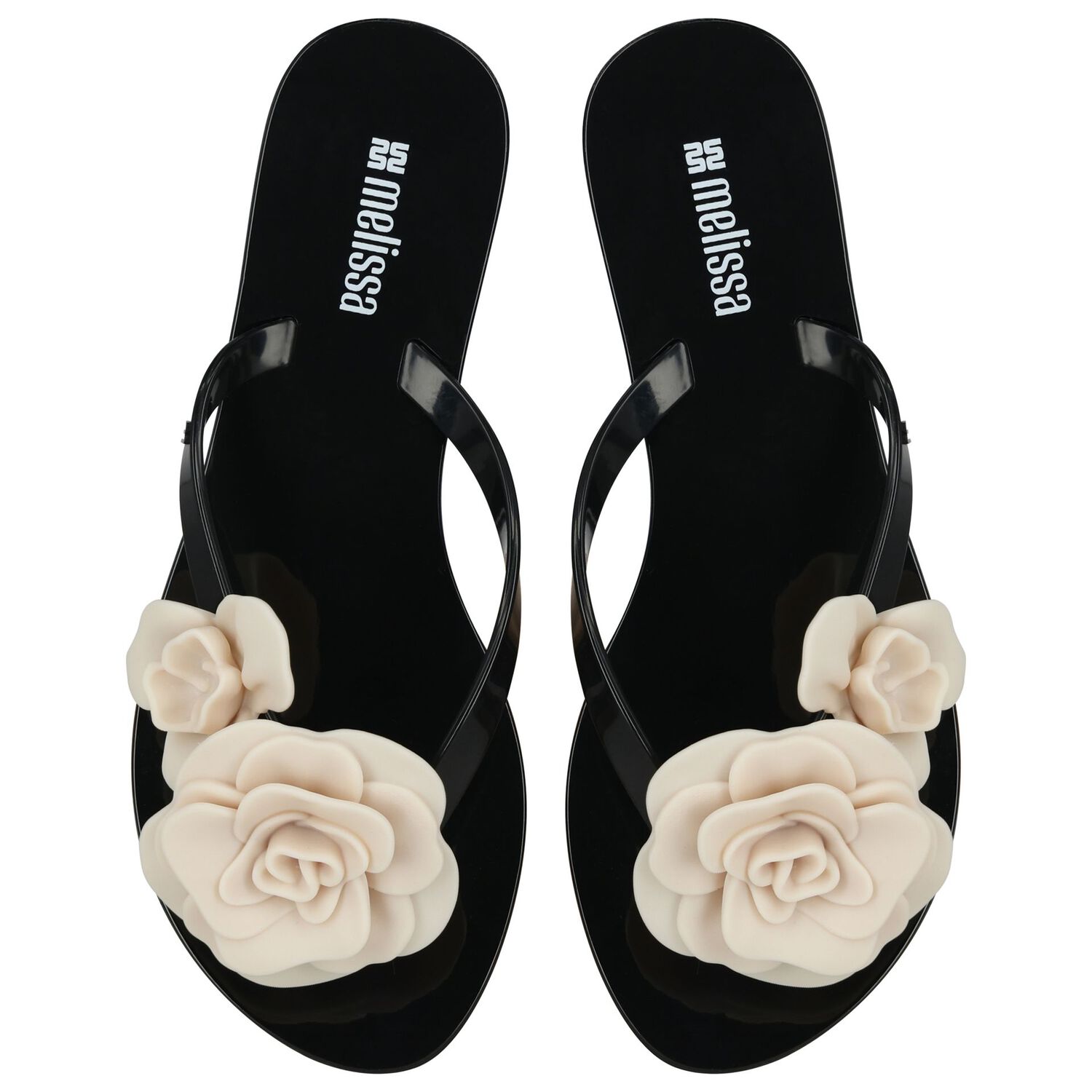 Girls Black & Beige Logo Flower Flip Flops, 2, hi-res