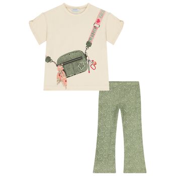 Girls Beige & Green Flower Leggings Set