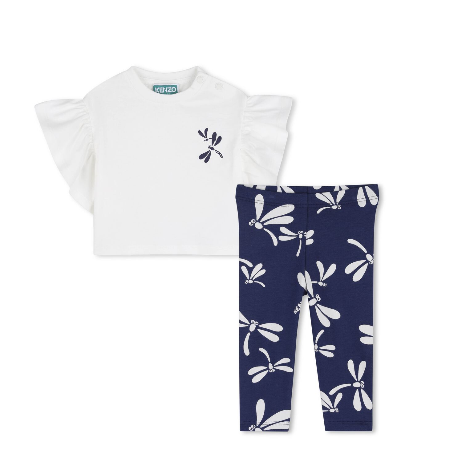 Younger Girls White & Navy Blue Dragonflies Leggings Set, 1, hi-res