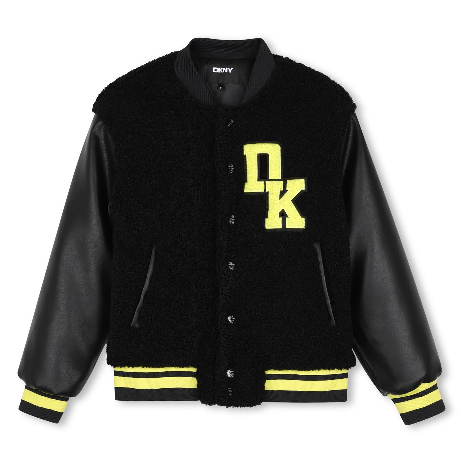 Boys Mini Me Black Faux Shearling Varsity Jacket, 1, hi-res