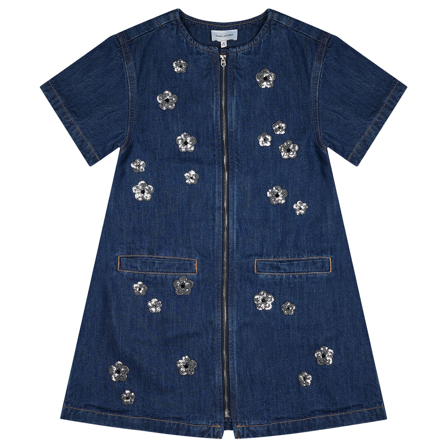 Girls Blue Denim Sequinned Floral Dress, 1, hi-res