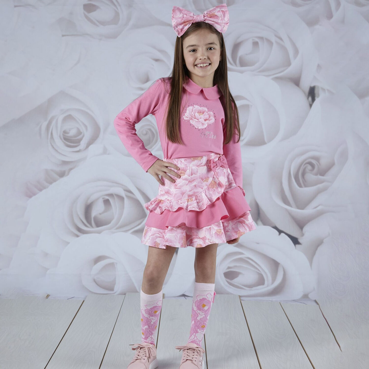 Girls Pink Floral Skirt Set, 1, hi-res