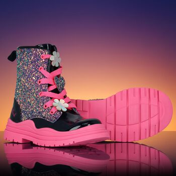 Girls Navy Blue & Pink Glitter Boots