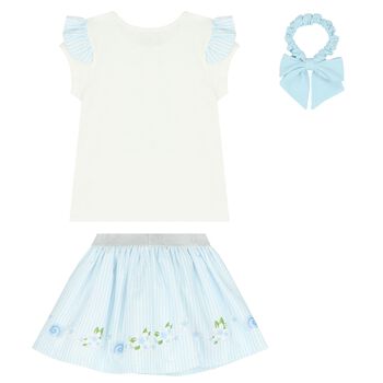 Girls White & Blue Striped Skirt Set