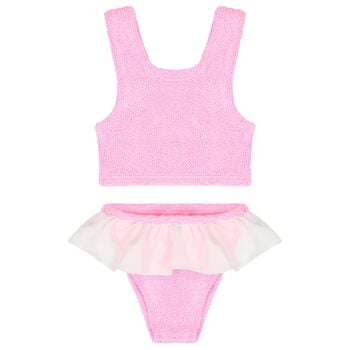 بيكيني بنقشة مجعدة باللون الوردي الفاقع  للبنات