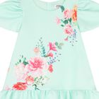 Girls Green Floral Satin Dress, 1, hi-res