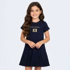 Girls Navy Blue & Gold Logo Dress, 2, hi-res