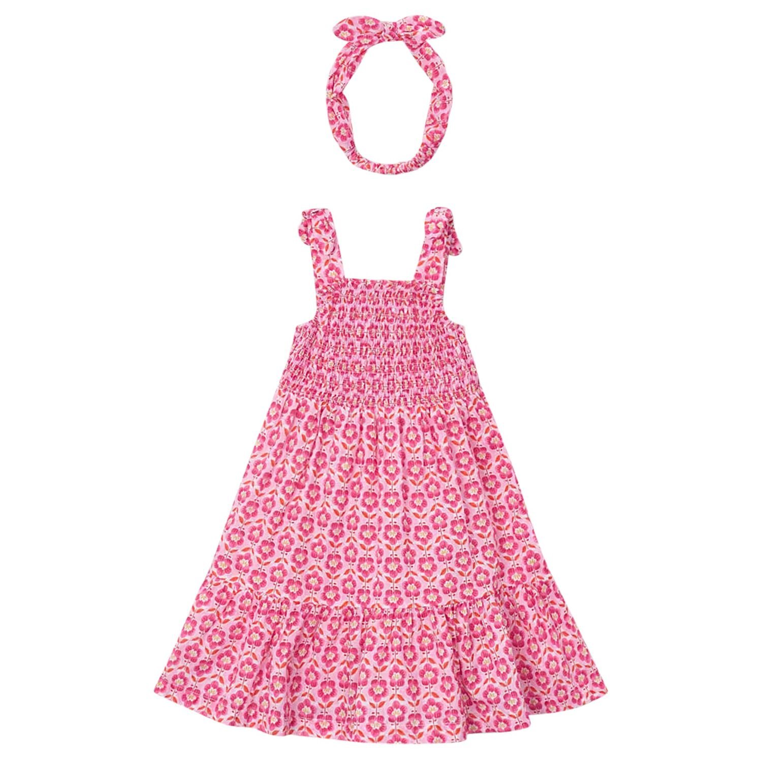 Girls Pink Floral Smocked Dress Set, 2, hi-res