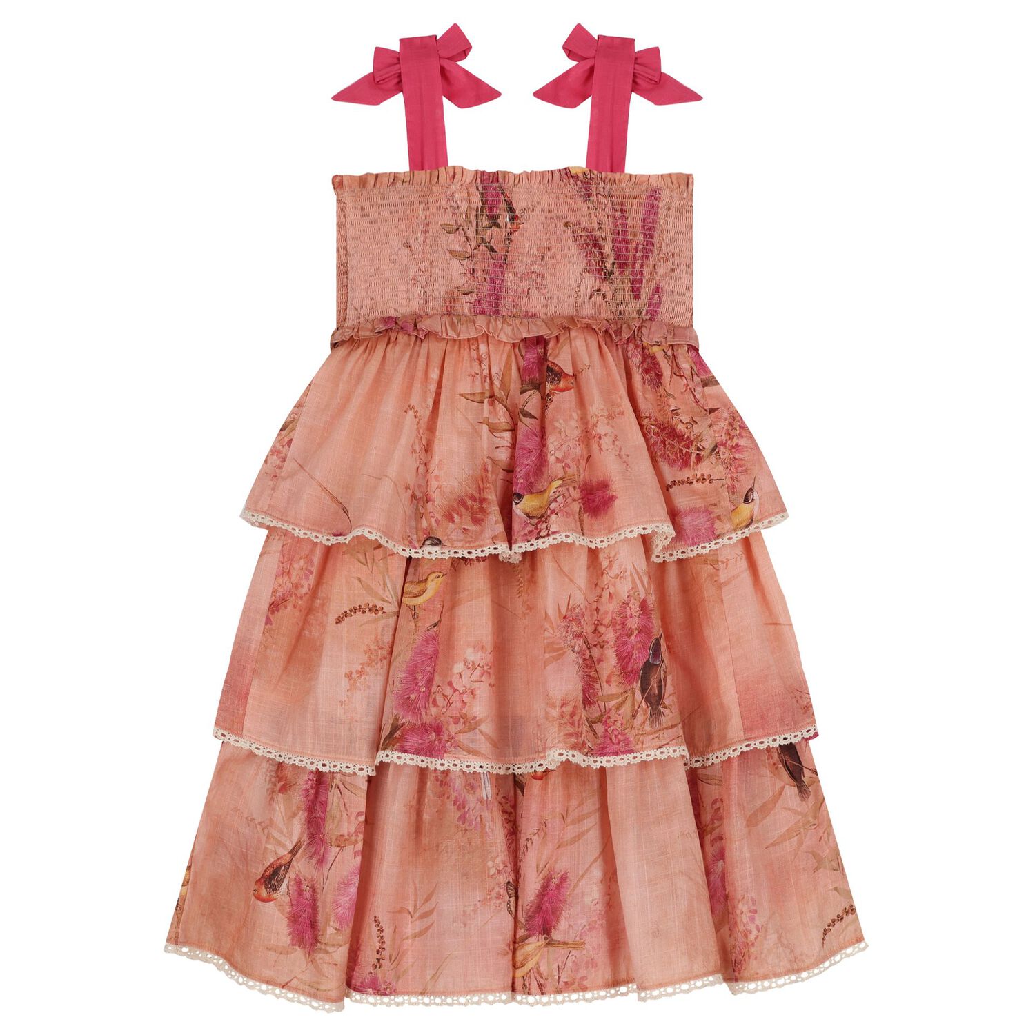 Girls Pink Floral & Bird Tiered Dress, 1, hi-res