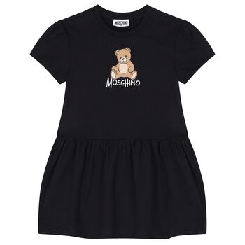 Girls Black Teddy Bear Logo Dress