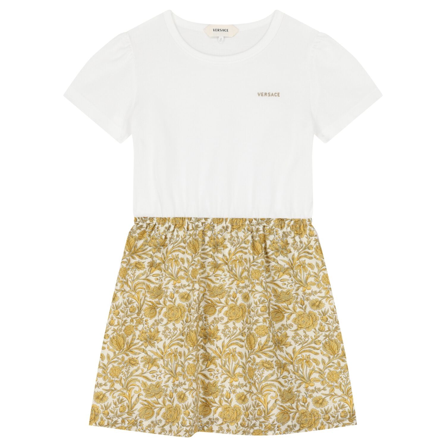 Girls White & Gold Floral Dress, 1, hi-res