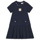 Girls Navy Blue Logo Pleated Dress, 2, hi-res