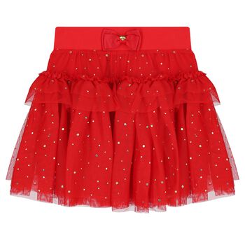 Girls Red Embellished Tulle Skirt