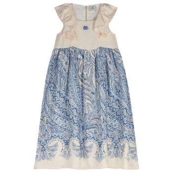 Girls Ivory & Blue Floral Paisley Dress 