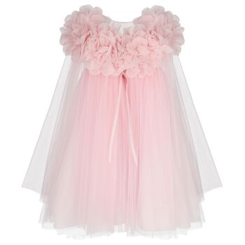Girls Pink Organza Floral & Tulle Cape Dress