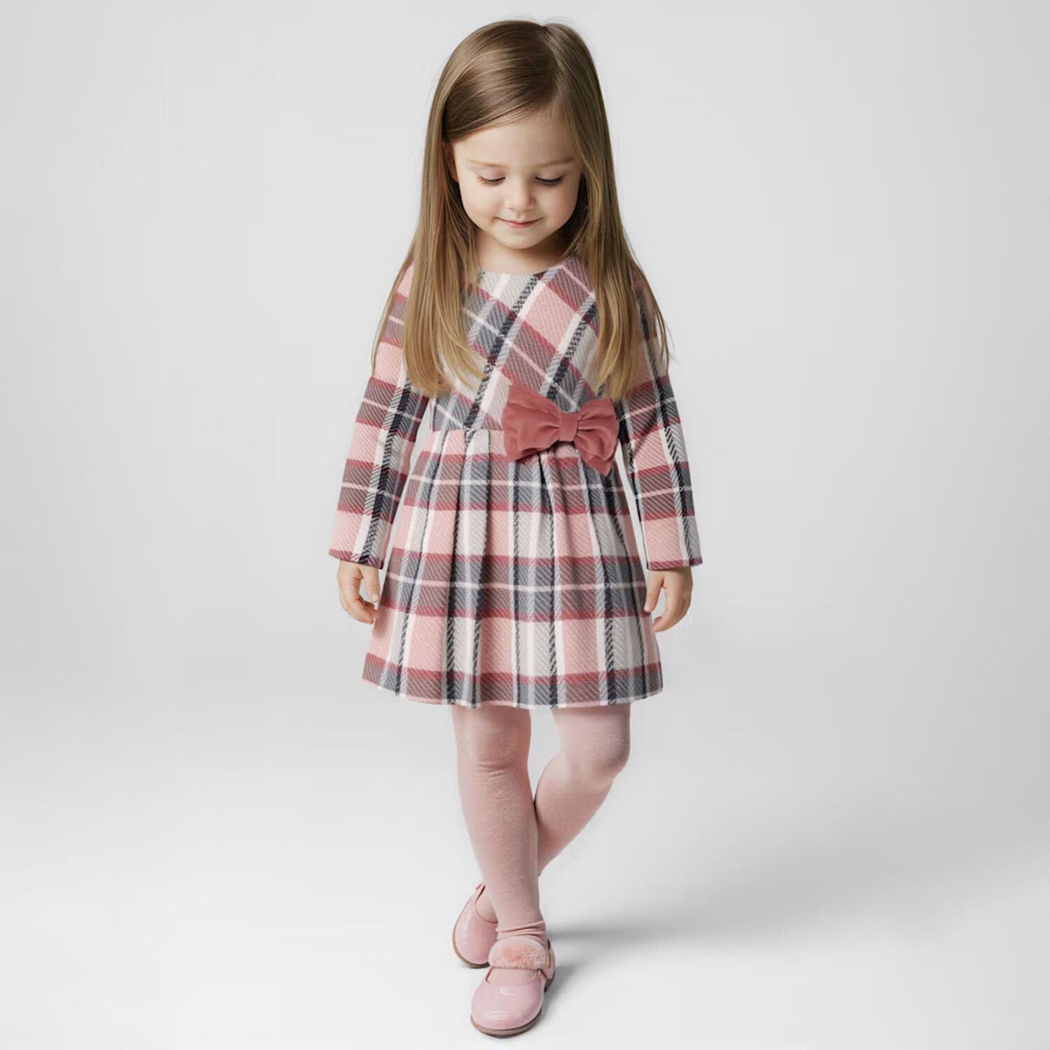Girls Pink & Ivory Bow Checked Dress, 2, hi-res