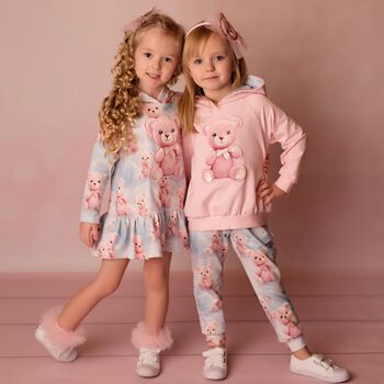 Girls Blue & Pink Teddy Bear Hooded Dress