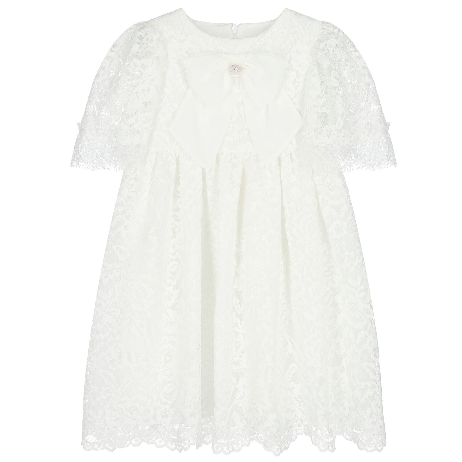 Girls White Chiffon Bow Lace Dress, 1, hi-res