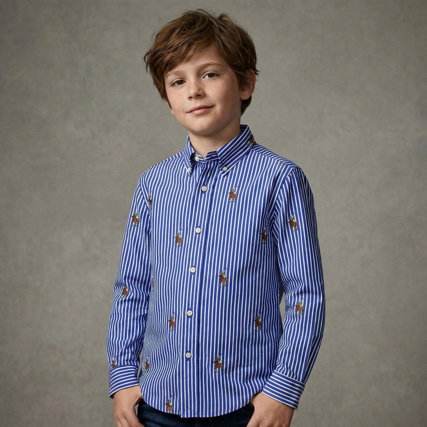 Boys Blue & White Stripe Logo Shirt, 1, hi-res