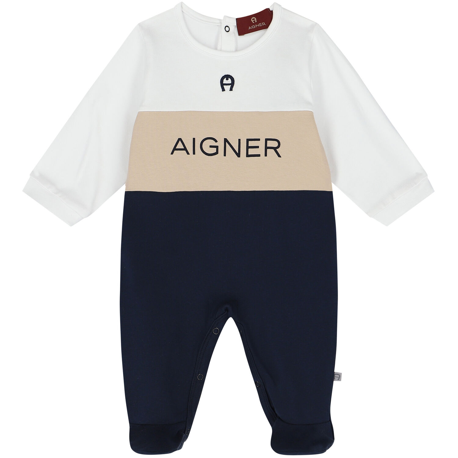 Baby Boys White, Beige & Navy Blue Logo Babygrow Set, 1, hi-res