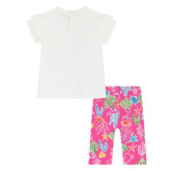 Younger Girls White & Pink  Floral Leggings Set